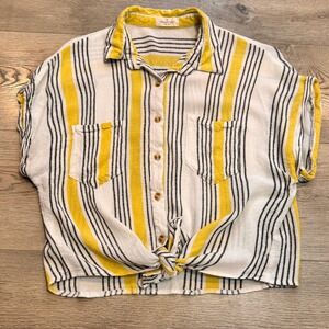 Thread & Supply Striped Tie-Front‎ Shirt Top Short Sleeve Yellow Black Large L